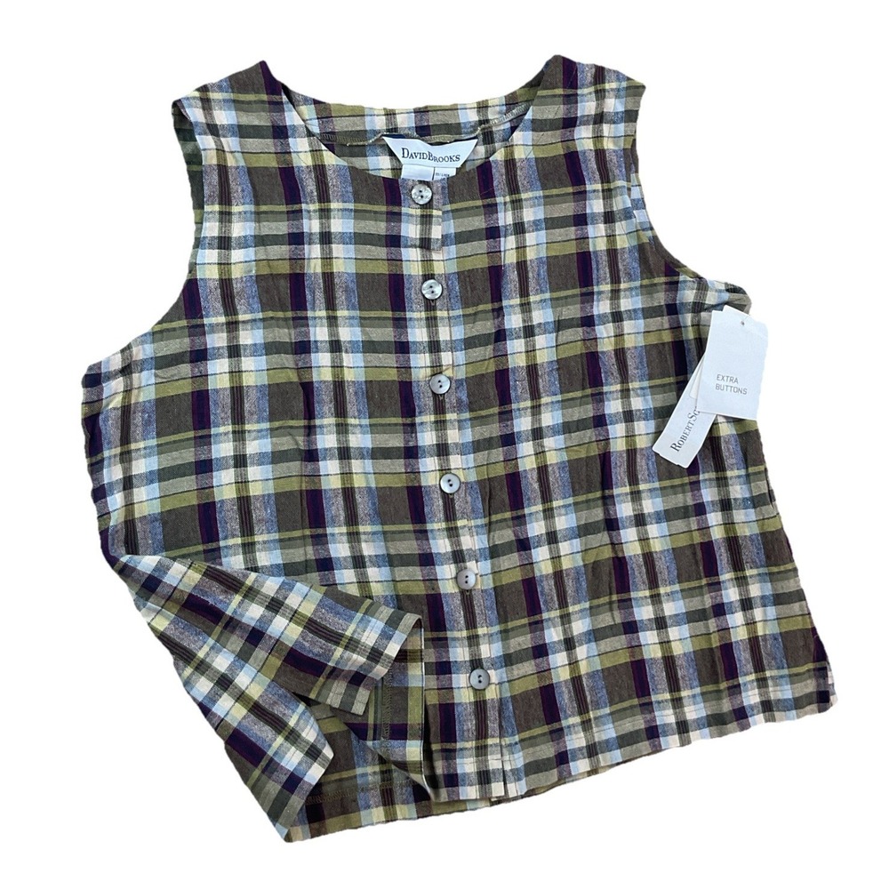 Vintage David Brooks Shirt Sleeveless Button Up Vest Plaid Linen Blend Women L - Picture 1 of 6